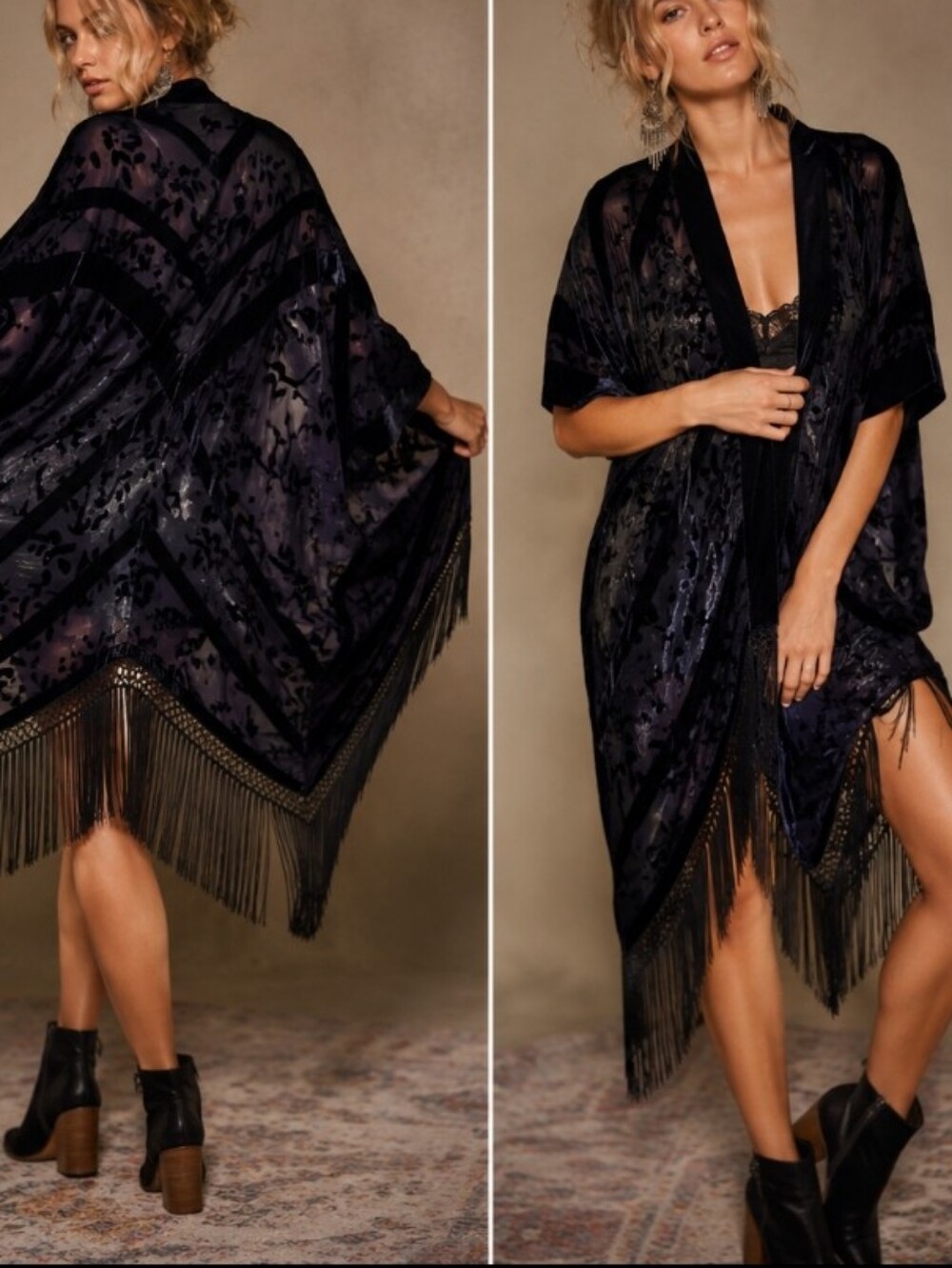 Ecoté Velvet  Burnout Fringe Kimono Duster Boho Festival Sheer XS/S